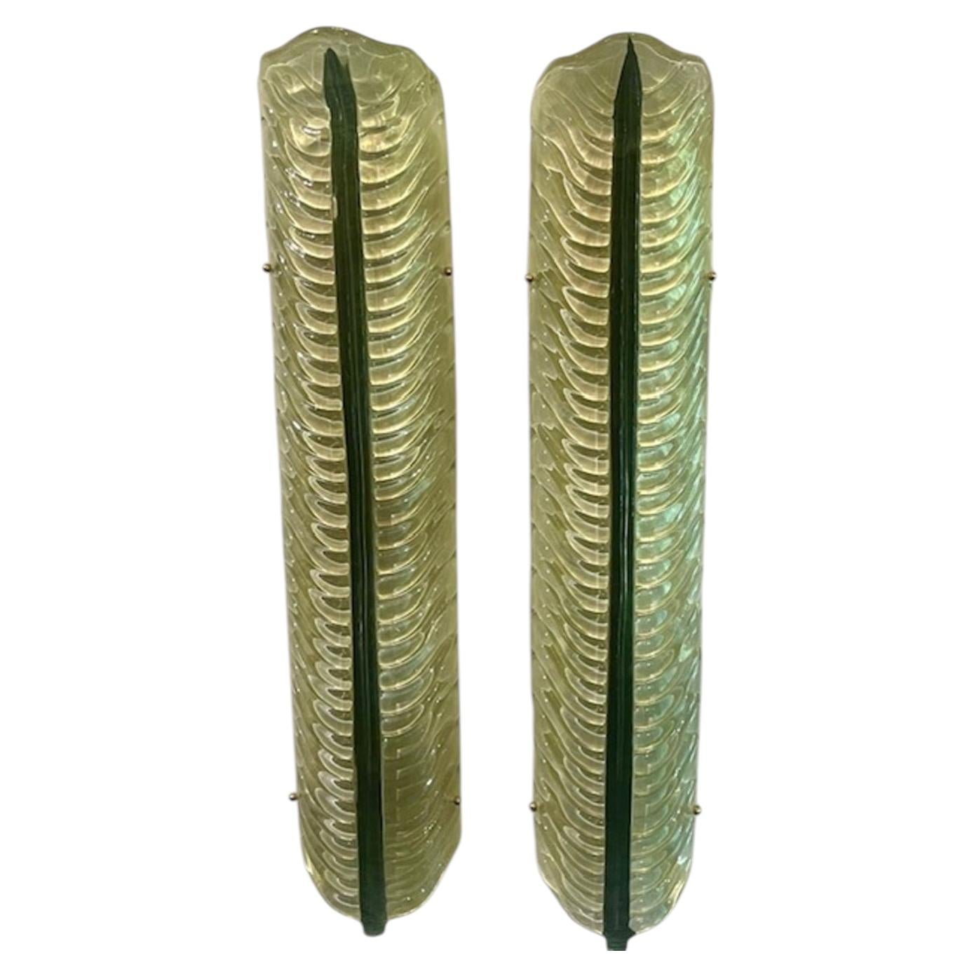 Pair of Modern Murano Large Green Leaf Sconces For Sale