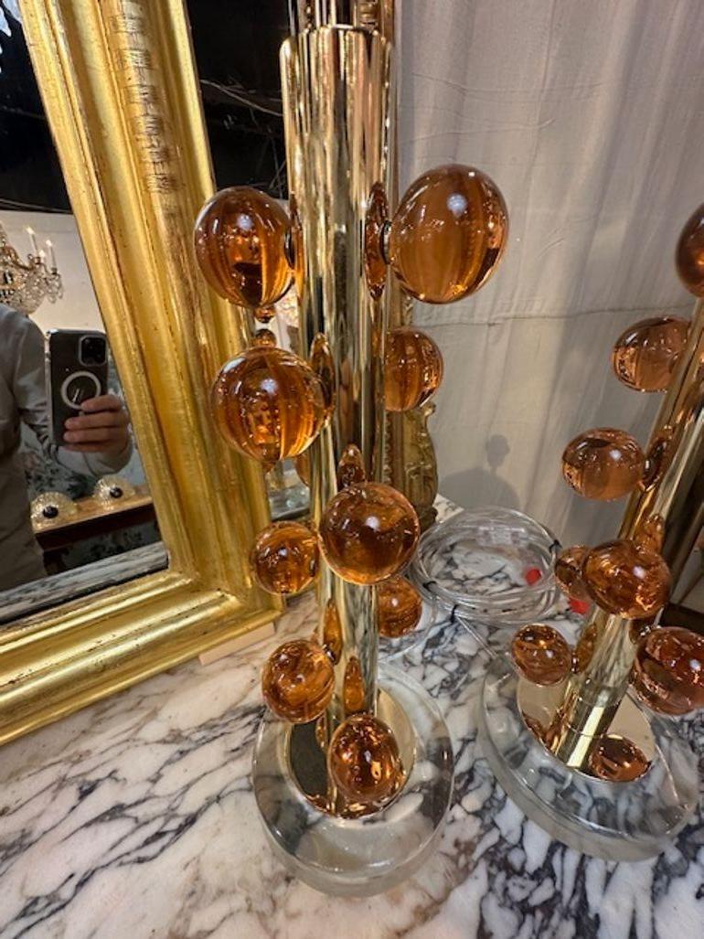 Pair of Modern Murano Peach Ball Form Lamps In Good Condition For Sale In Dallas, TX