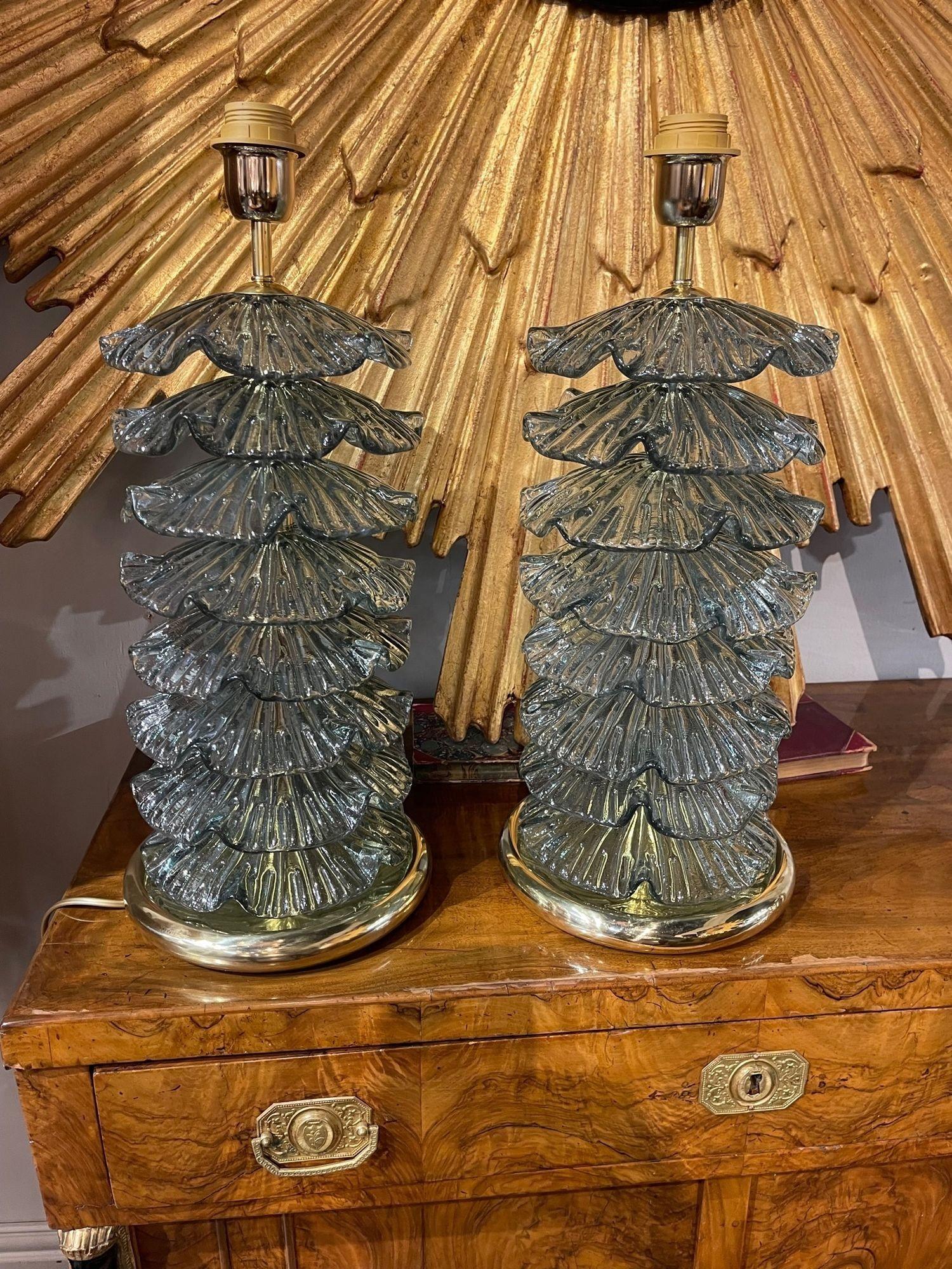 Exquisite pair of modern Murano glass lamps in a gorgeous shade of Fontina green. These add a lovely textural look. An absolutely beautiful decorative element!