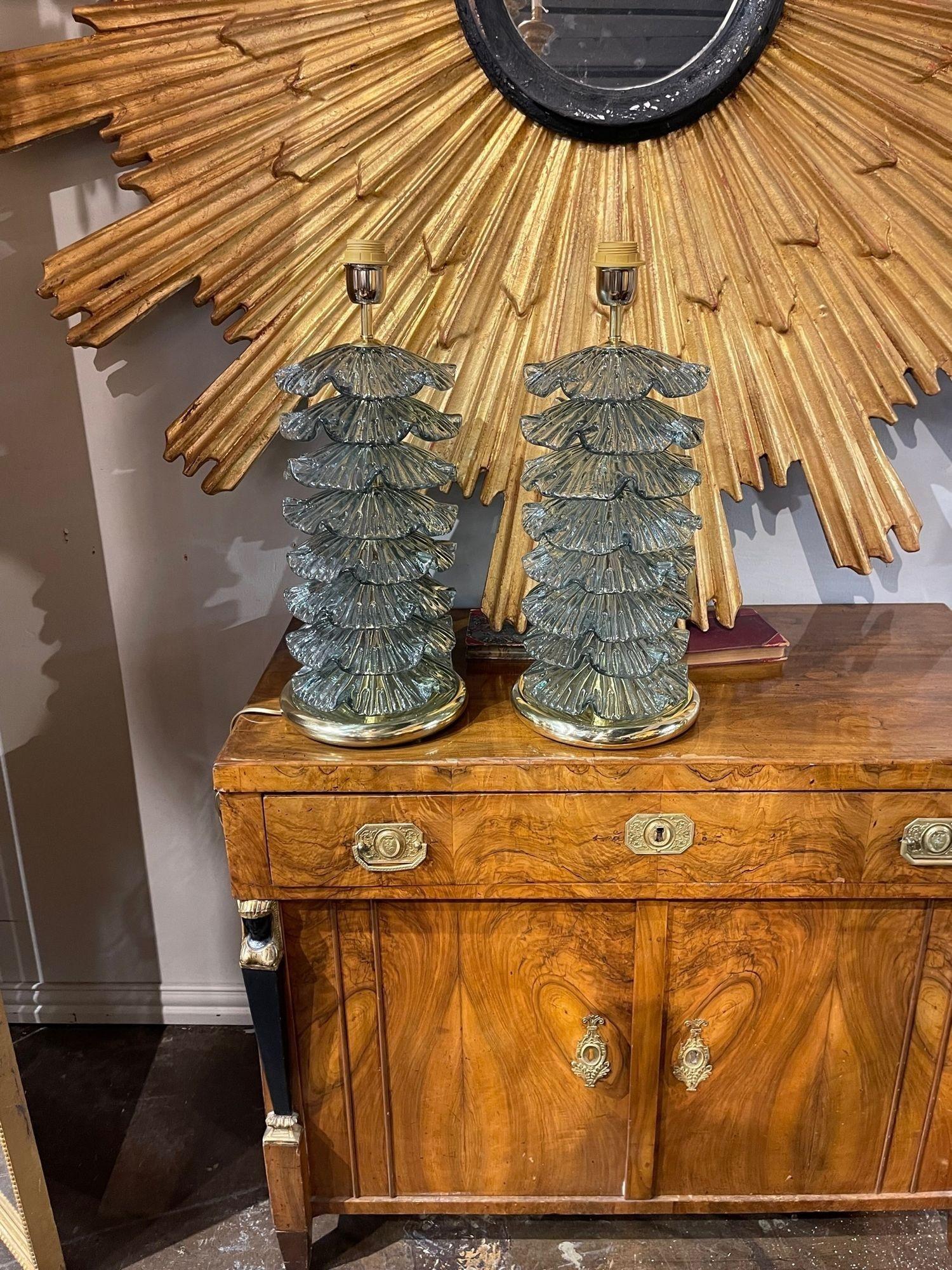 Italian Pair of Modern Murano Ruffle Glass Lamps in Fontina Green For Sale