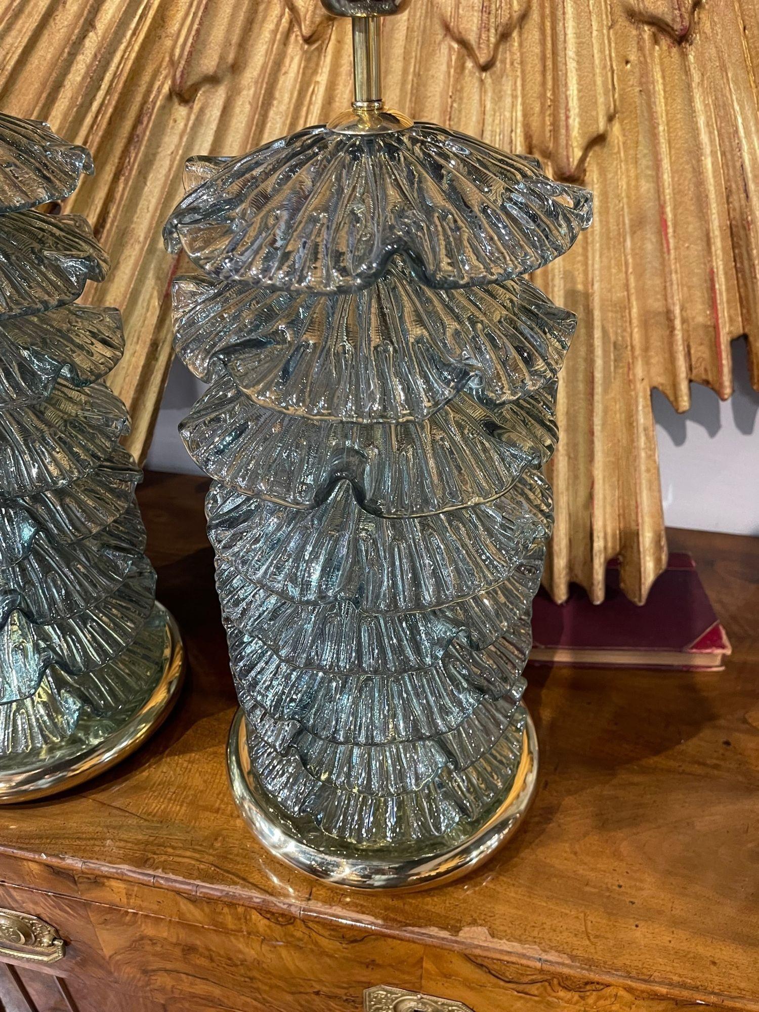 Pair of Modern Murano Ruffle Glass Lamps in Fontina Green In Good Condition For Sale In Dallas, TX