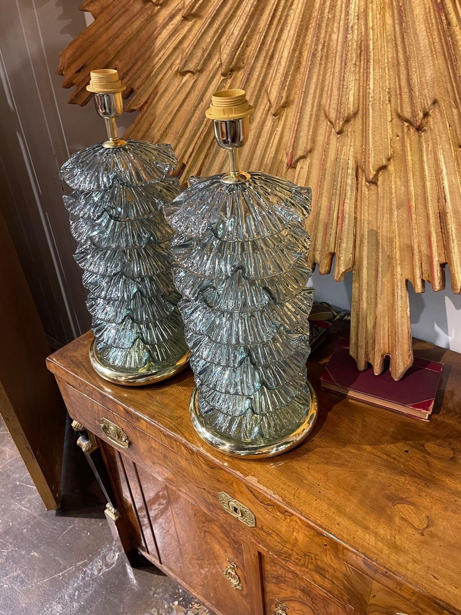 Murano Glass Pair of Modern Murano Ruffle Glass Lamps in Fontina Green For Sale