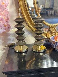 Pair of Modern Smoke Colored Murano Glass and Brass Lamps