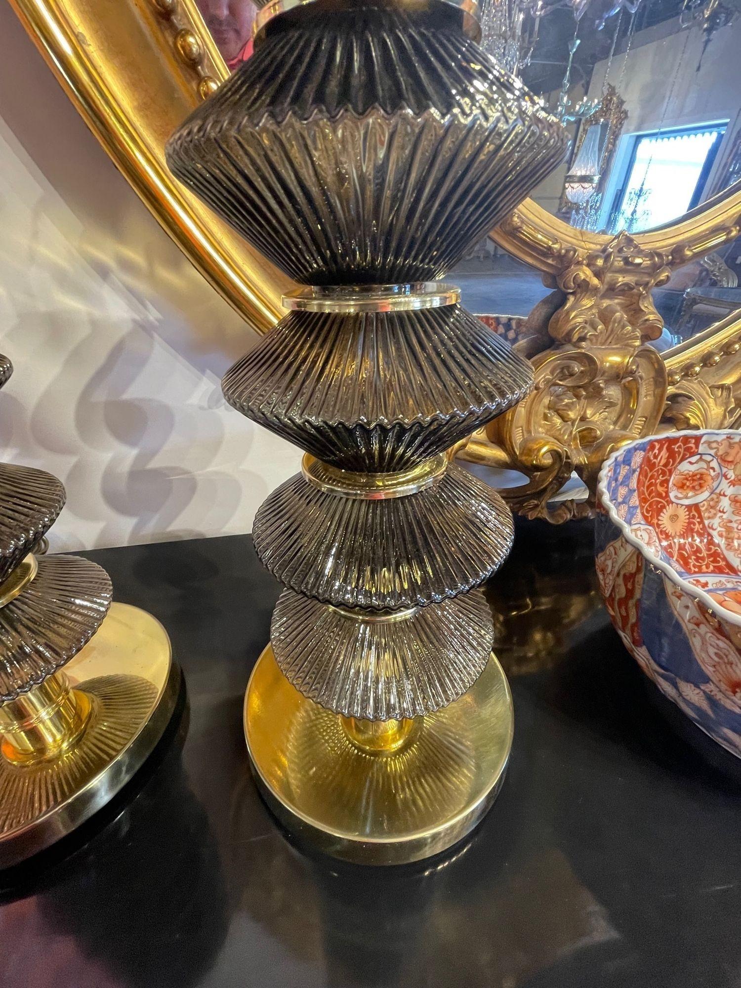 Pair of Modern Smoke Colored Murano Glass and Brass Lamps In Good Condition For Sale In Dallas, TX