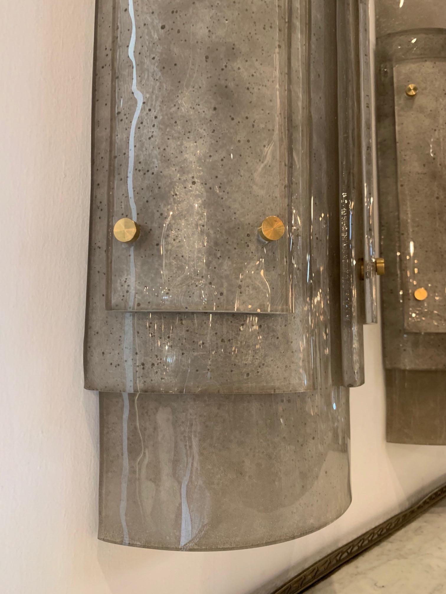 Italian Pair of Modern Murano Smoke Glass and Brass Sconces For Sale