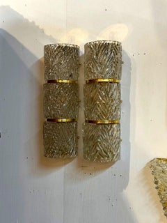 Pair of Modern Murano Wave Glass and Brass Barrel Sconces