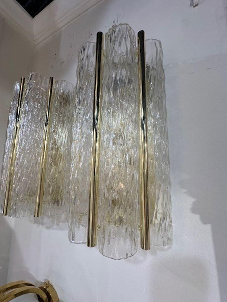 Italian Pair of Modern Murano Wave Glass and Polished Brass Sconces For Sale