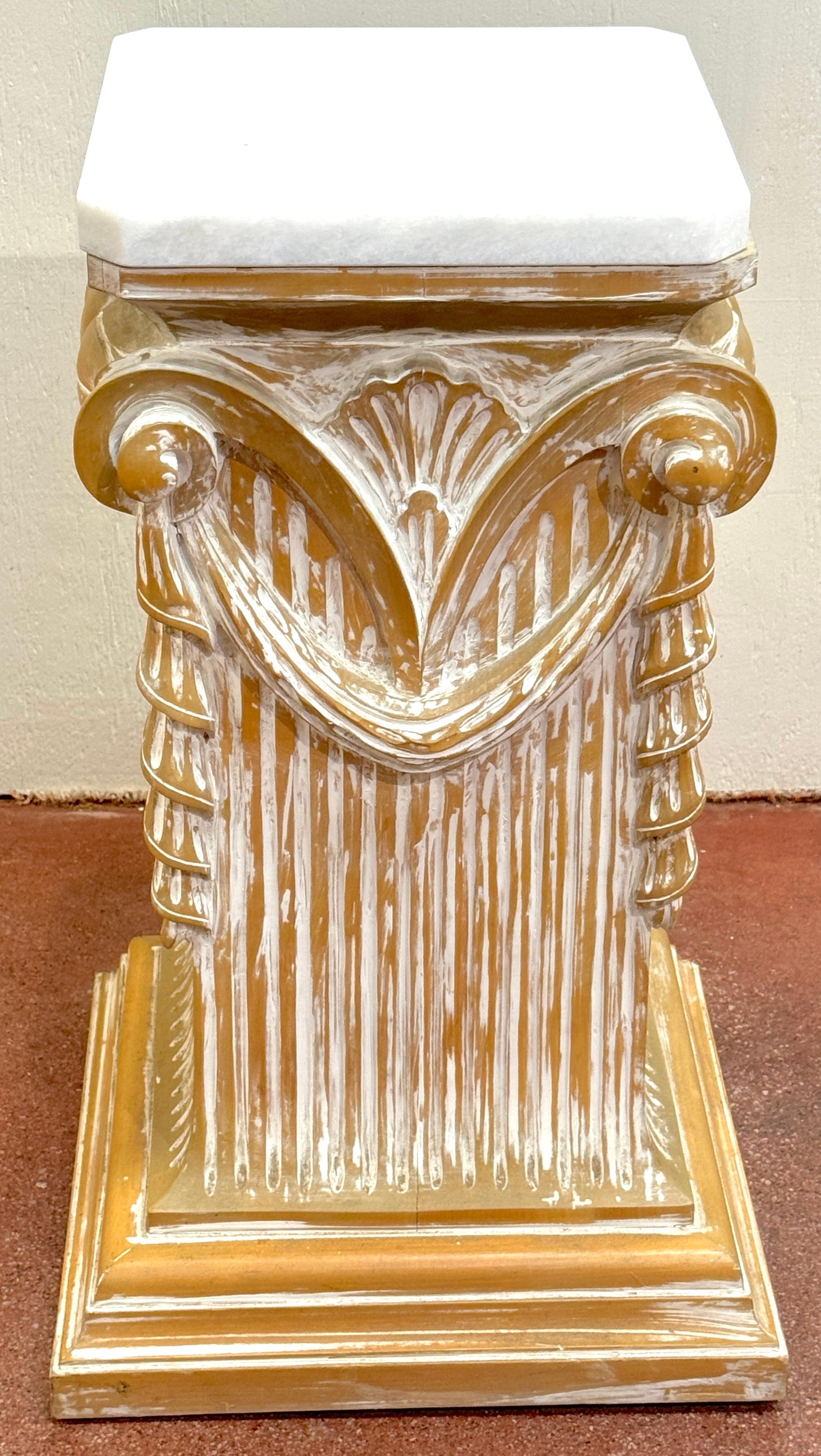 Pair of Modern Neoclassical Carved Wood Whitewashed Marble Pedestals For Sale 3