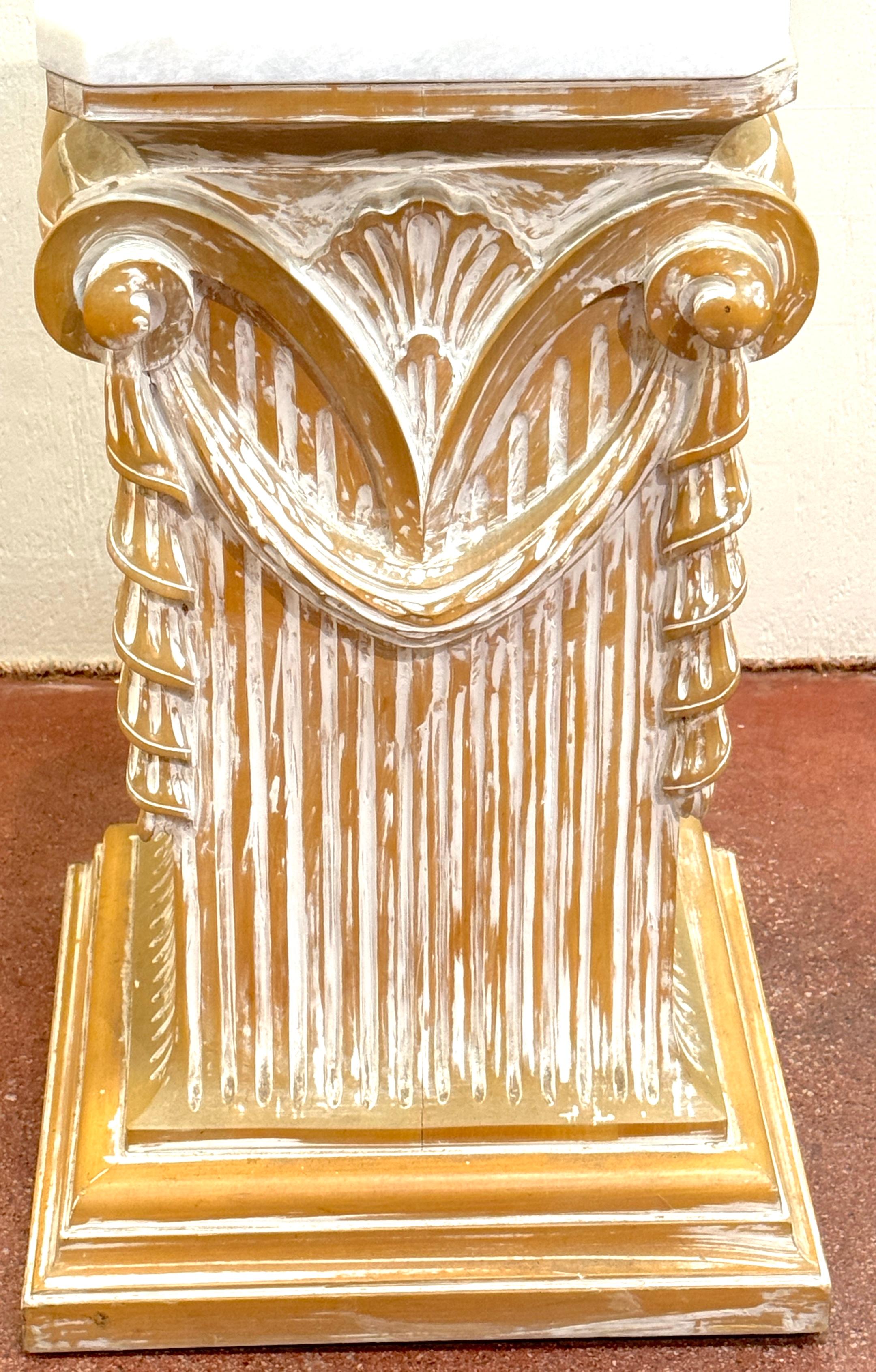 Pair of Modern Neoclassical Carved Wood Whitewashed Marble Pedestals For Sale 4