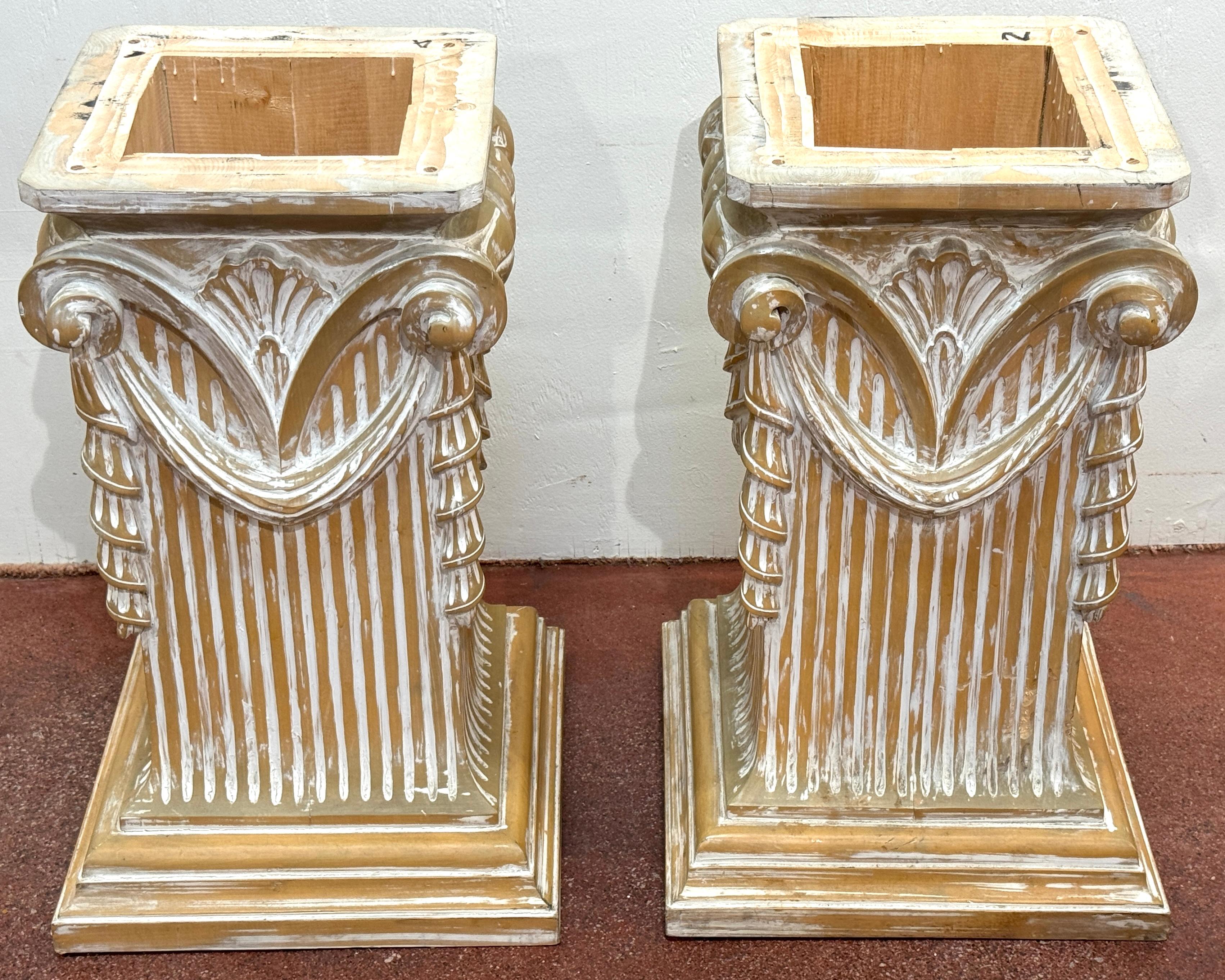 Pair of Modern Neoclassical Carved Wood Whitewashed Marble Pedestals For Sale 5