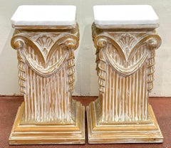 Pair of Modern Neoclassical Carved Wood Whitewashed Marble Pedestals