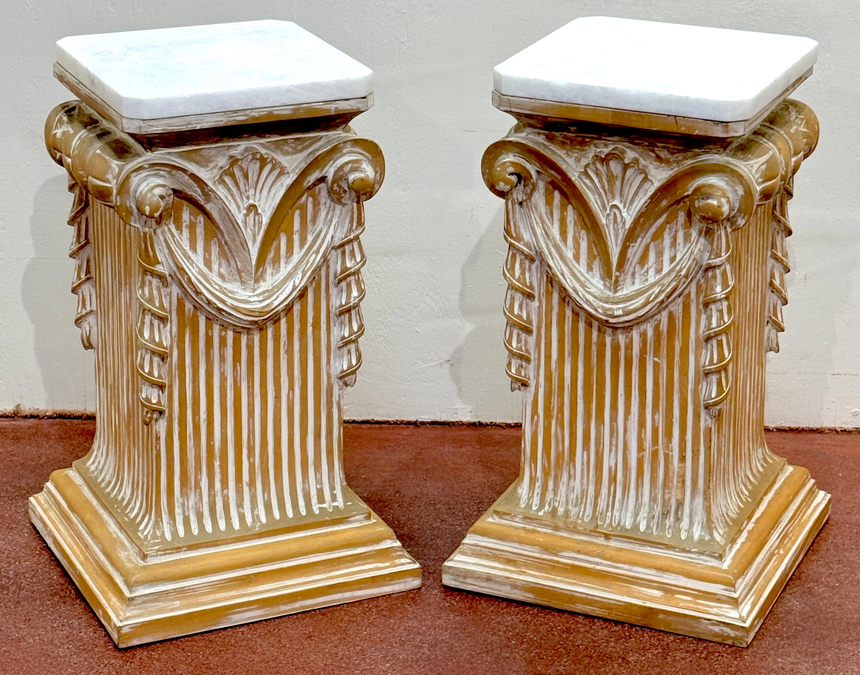 Hollywood Regency Pair of Modern Neoclassical Carved Wood Whitewashed Marble Pedestals For Sale