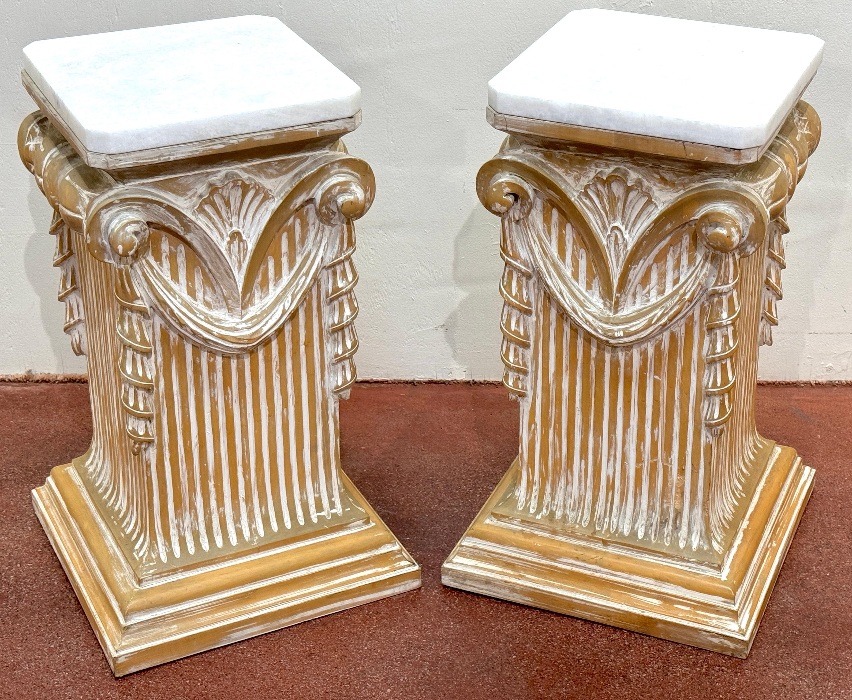 Italian Pair of Modern Neoclassical Carved Wood Whitewashed Marble Pedestals For Sale
