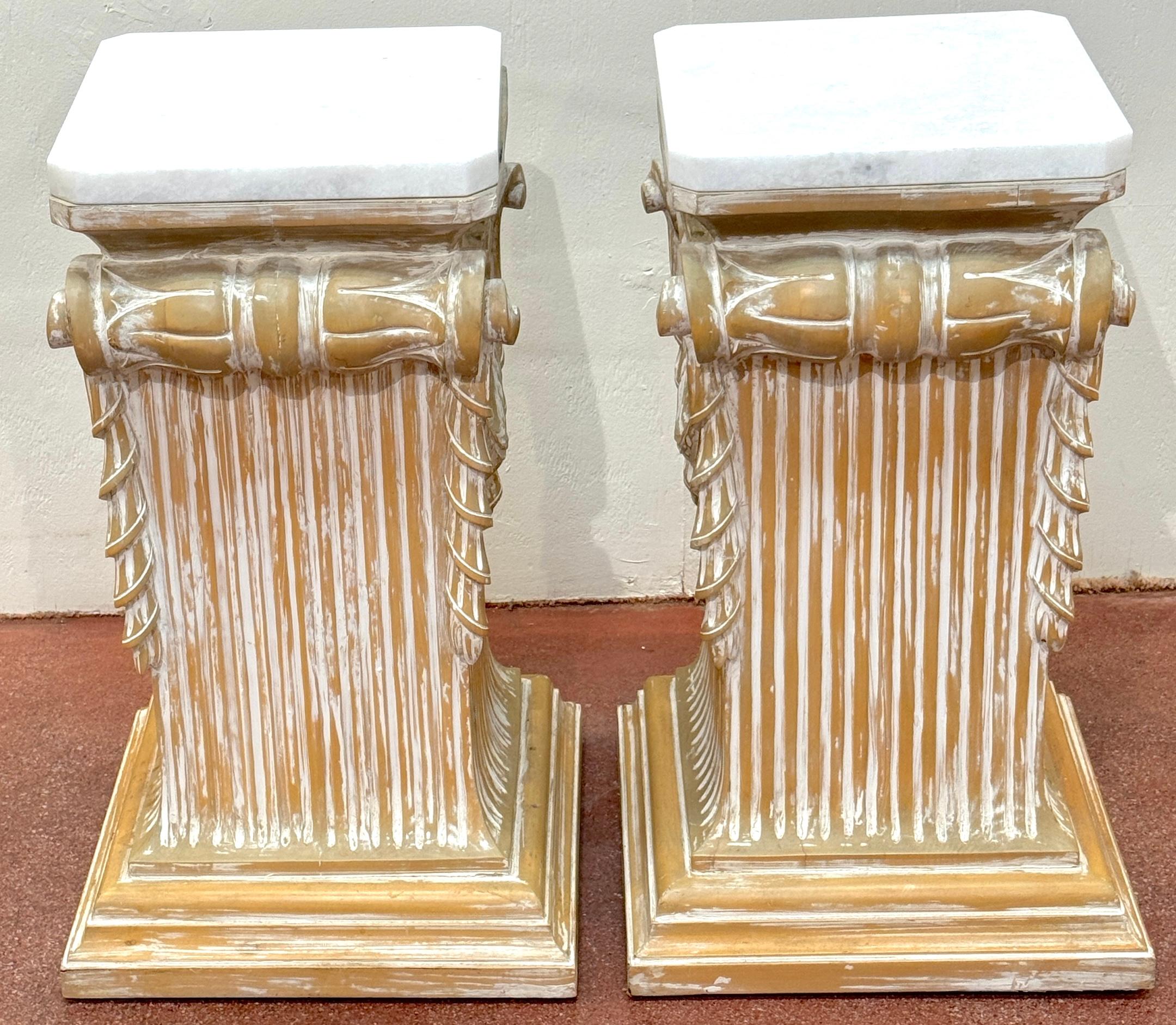 Pair of Modern Neoclassical Carved Wood Whitewashed Marble Pedestals In Good Condition For Sale In West Palm Beach, FL