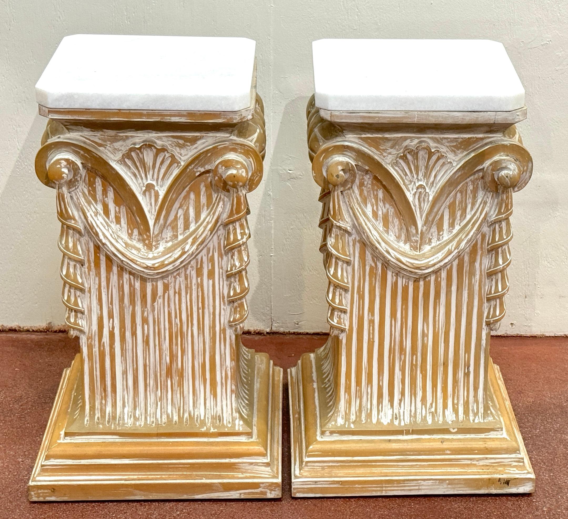20th Century Pair of Modern Neoclassical Carved Wood Whitewashed Marble Pedestals For Sale