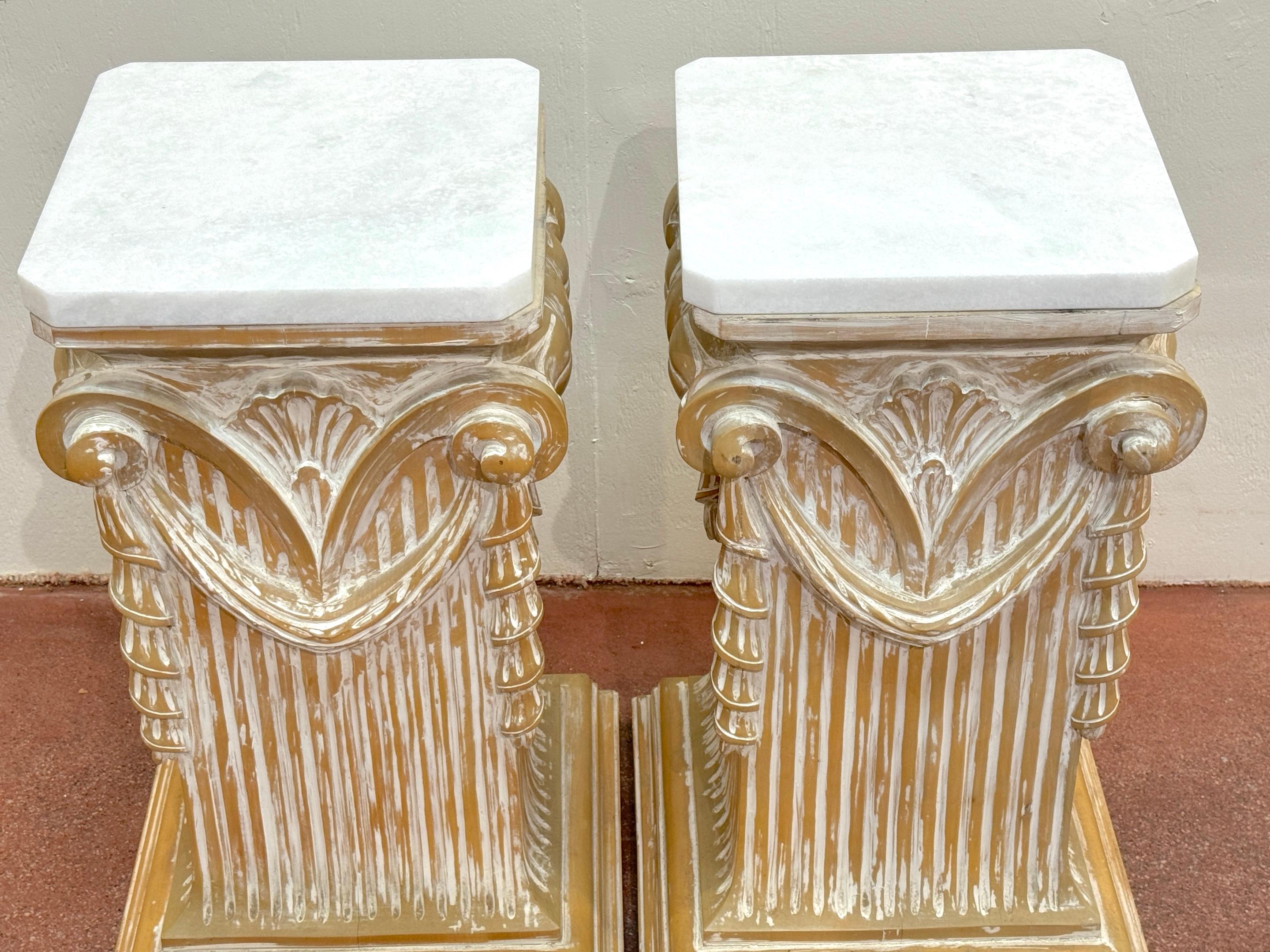 Pair of Modern Neoclassical Carved Wood Whitewashed Marble Pedestals For Sale 1