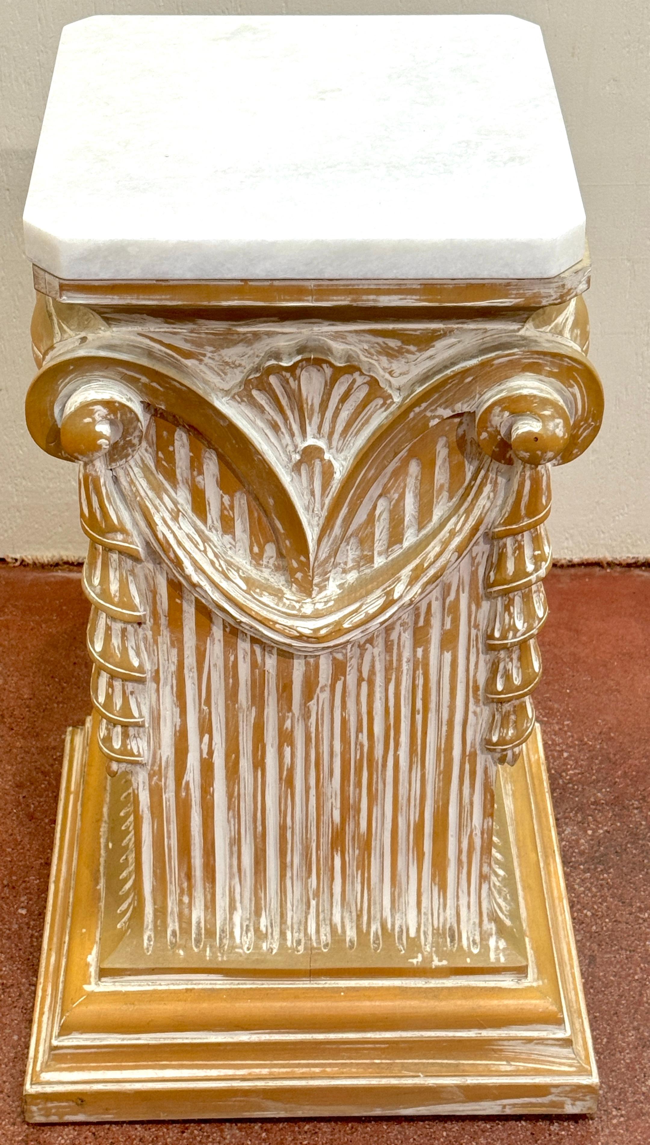 Pair of Modern Neoclassical Carved Wood Whitewashed Marble Pedestals For Sale 2