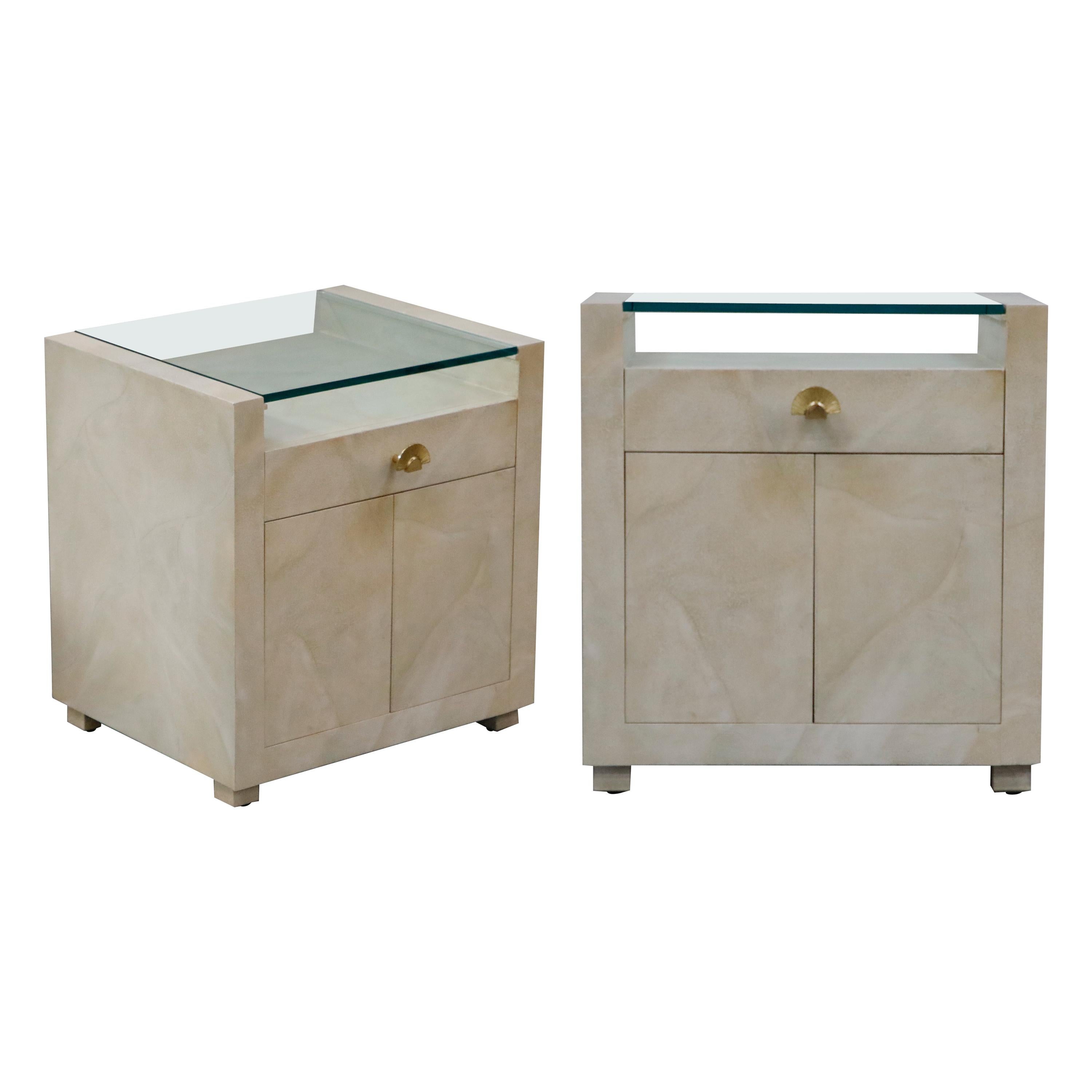 Pair of Modern Nightstands or End Tables with Brass Fan Handles, 1980s