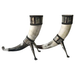 Vintage Pair of Modern Norwegian Pewter-Mounted Drinking Horns