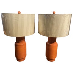 Pair of Modern Orange Painted Ceramic Lamps with Natural Linen Shades