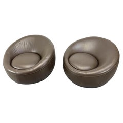Pair of Modern Orb Pod Biomorphic Brown Leather lounge chairs on Swivel bases