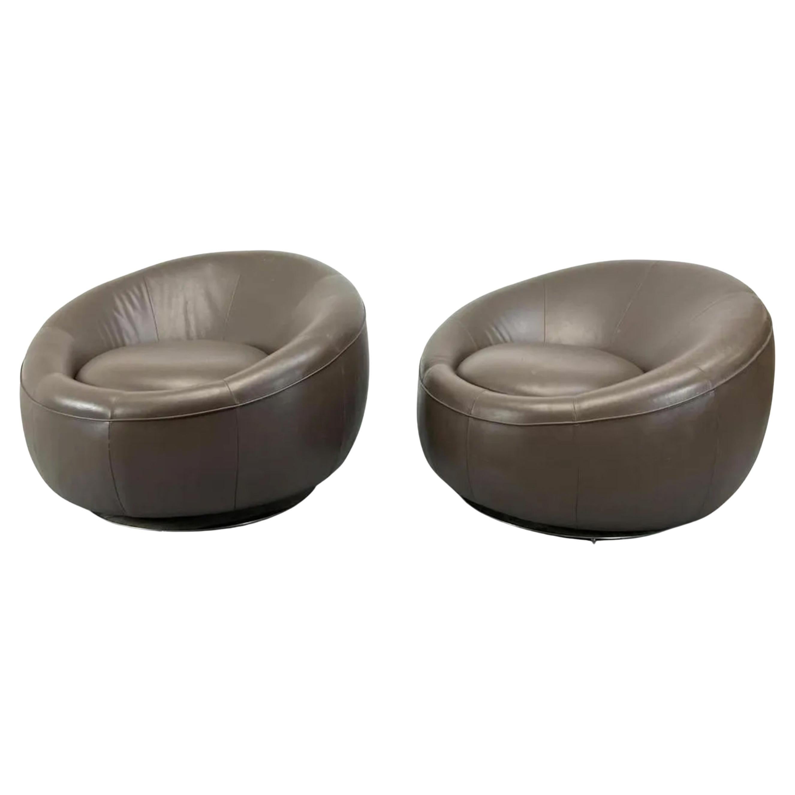 Pair of Modern Orb Pod Biomorphic Brown Leather lounge chairs on Swivel bases