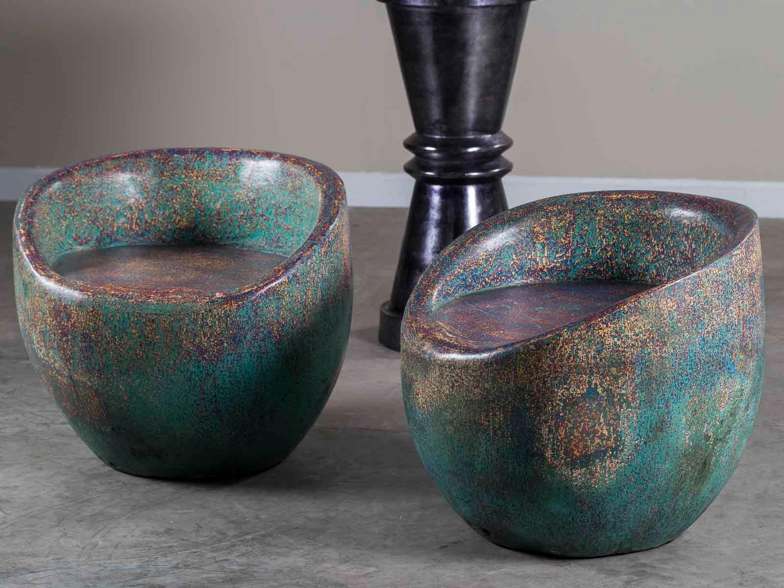 Pair of Modern Painted Palm Wood Chairs from Indonesia Having a Sculptural Form In Excellent Condition In Houston, TX