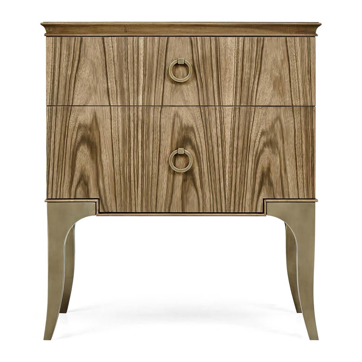 A pair of Modern Paldoa two-drawer bedside tables. The case is constructed of hardwood with a light, transparent lacquer finish. The drawer fronts feature flat cut paldao veneer, the brass pulls and cabriole legs are fabricated and acid dipped and