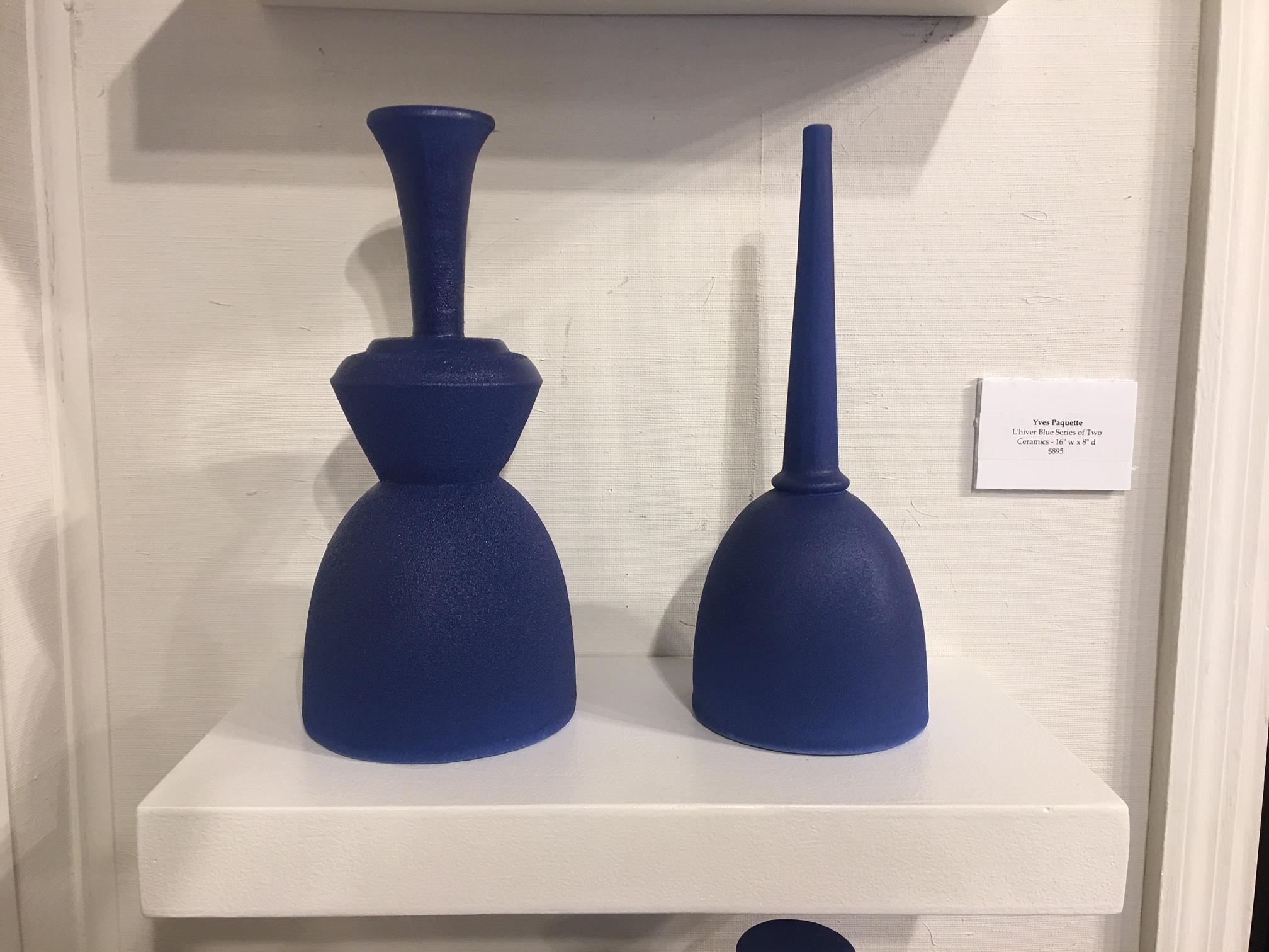 Pair of modern Pantone color fine ceramic objects of art by Yves Paquette on a floating shelf. L'hiver Blue Series of Two

Yves Paquette - 