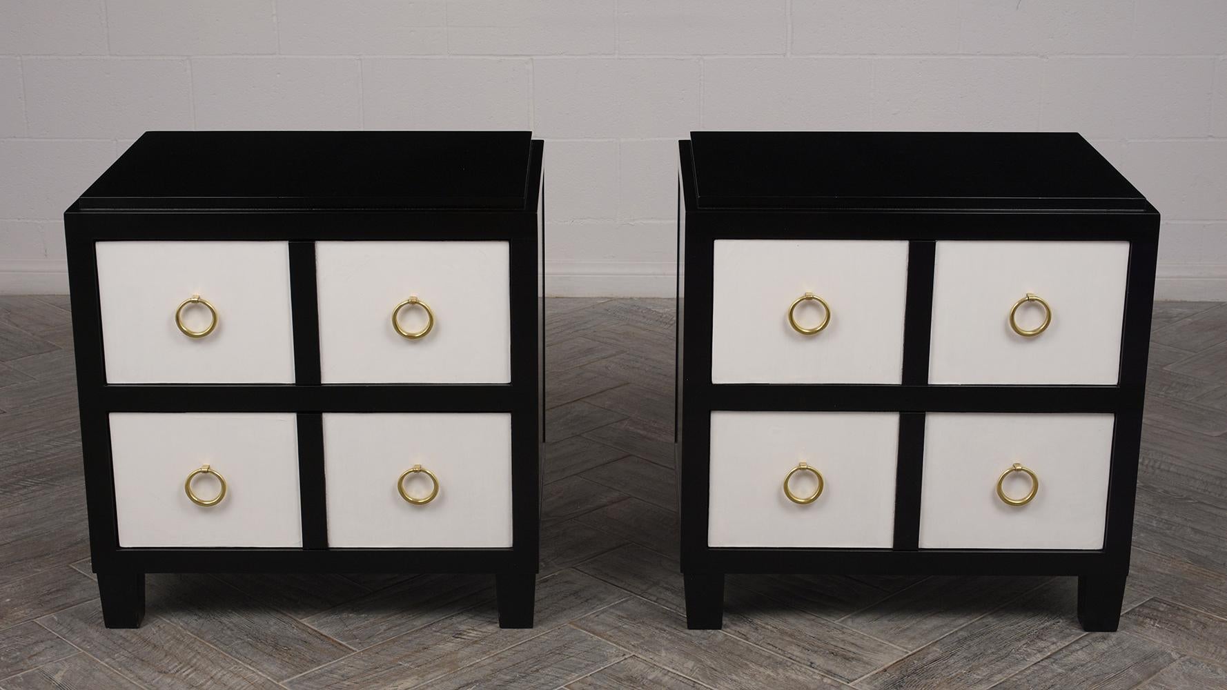 American Pair of Modern Parchment Black and White Lacquered Nightstands