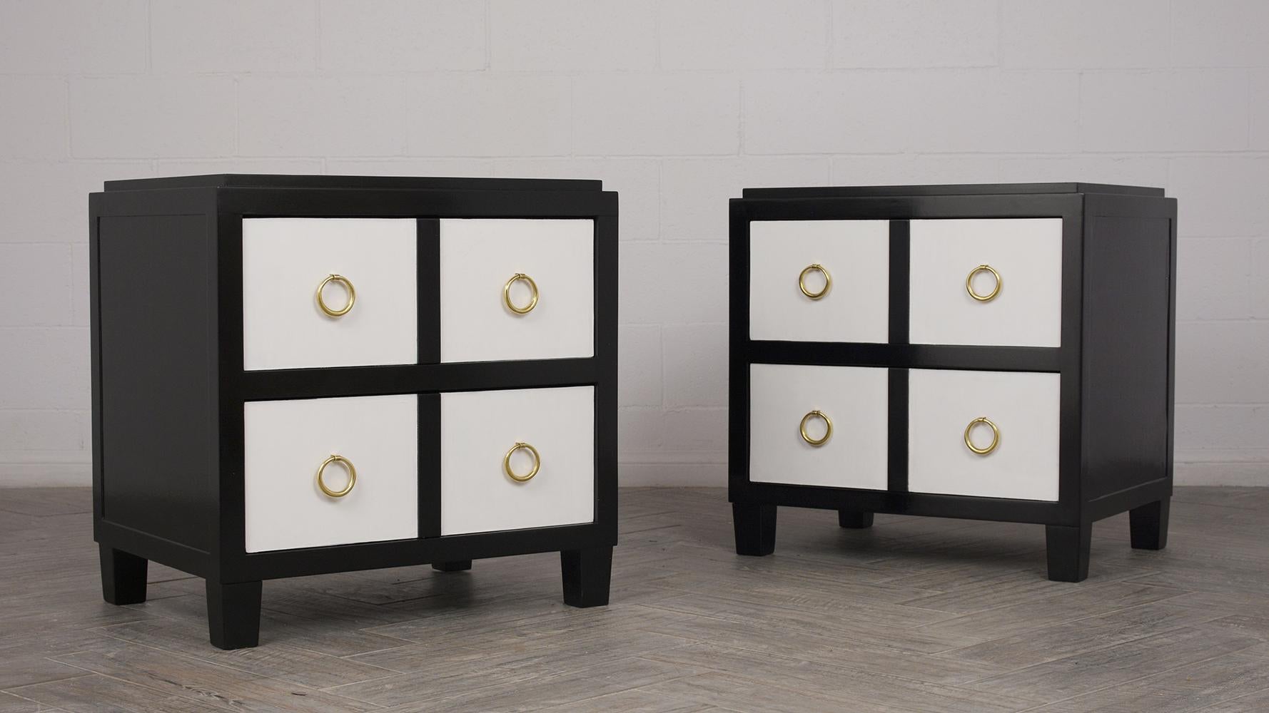 Pair of Modern Parchment Black and White Lacquered Nightstands In Excellent Condition In Los Angeles, CA