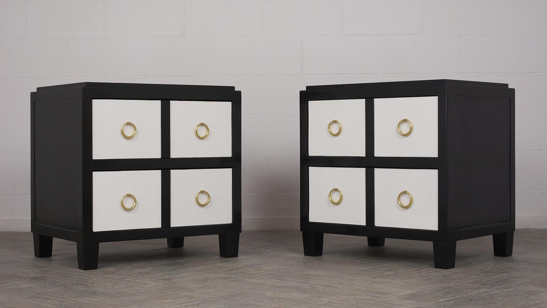 Late 20th Century Pair of Modern Parchment Black and White Lacquered Nightstands