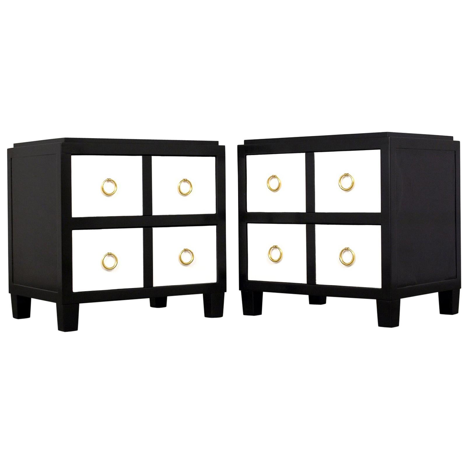 Pair of Modern Parchment Black and White Lacquered Nightstands