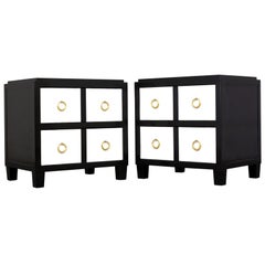 Pair of Modern Parchment Black and White Lacquered Nightstands