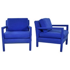 Pair of Modern Parsons Style Club Chairs in Royal Blue after Milo Baughman