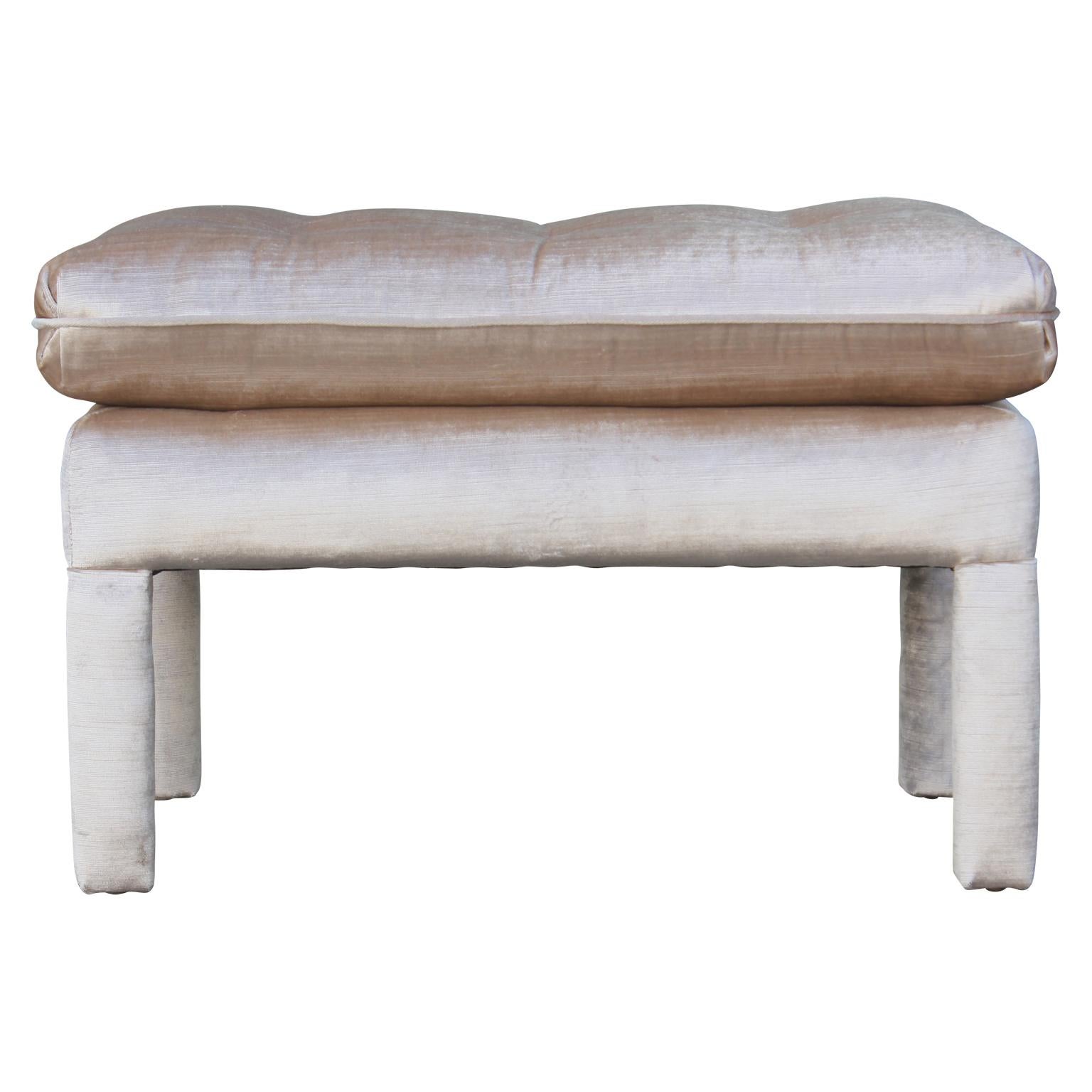 Pair of gorgeous Parsons style stools or ottomans with pillow tops and freshly upholstered in a lush neutral velvet.
 