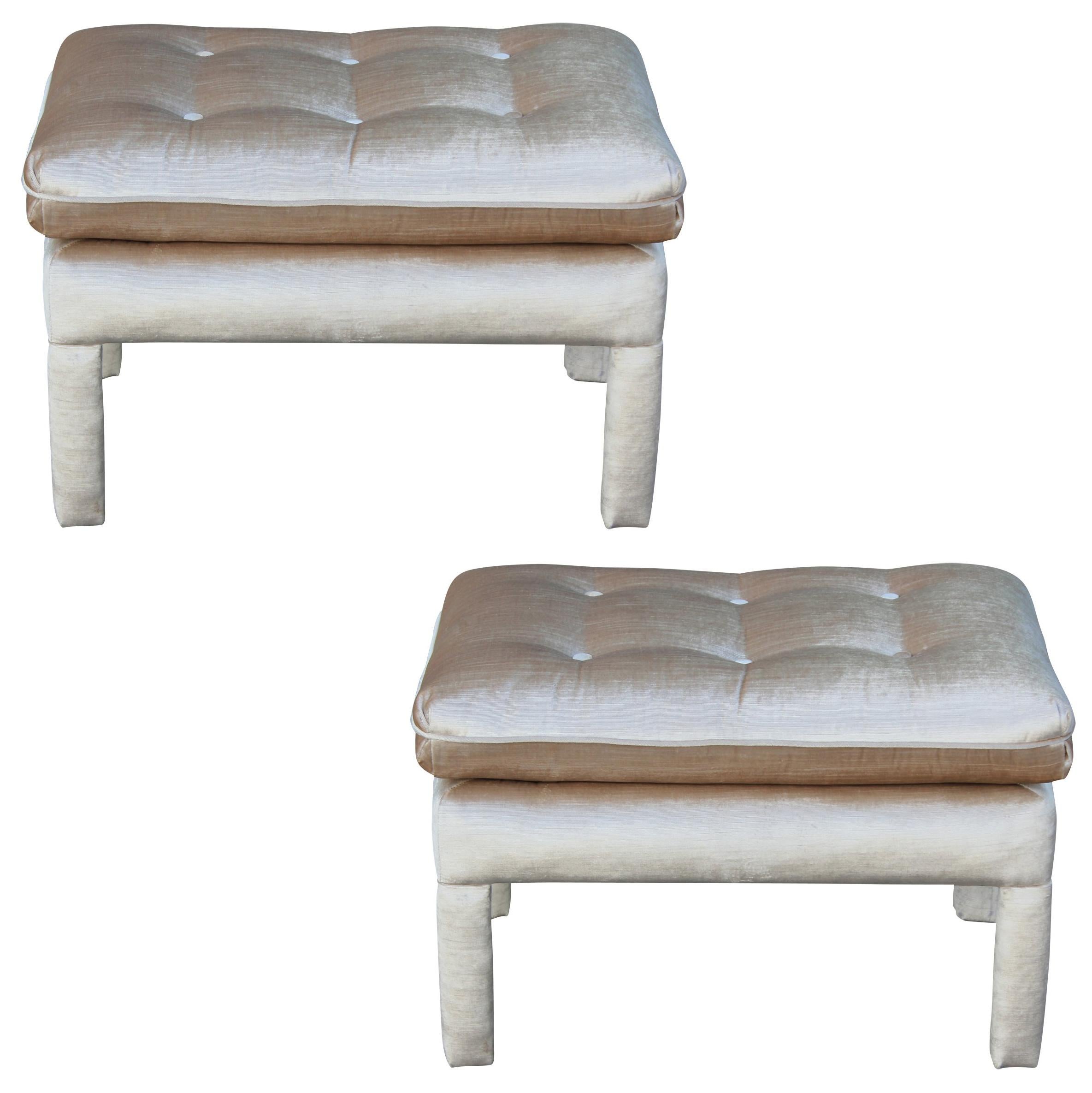Pair of Modern Parsons Style Pillow Top Stools / Ottoman in Neutral Velvet
