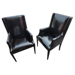 Pair of Modern Patent Faux Crocodile Black Leather Chairs