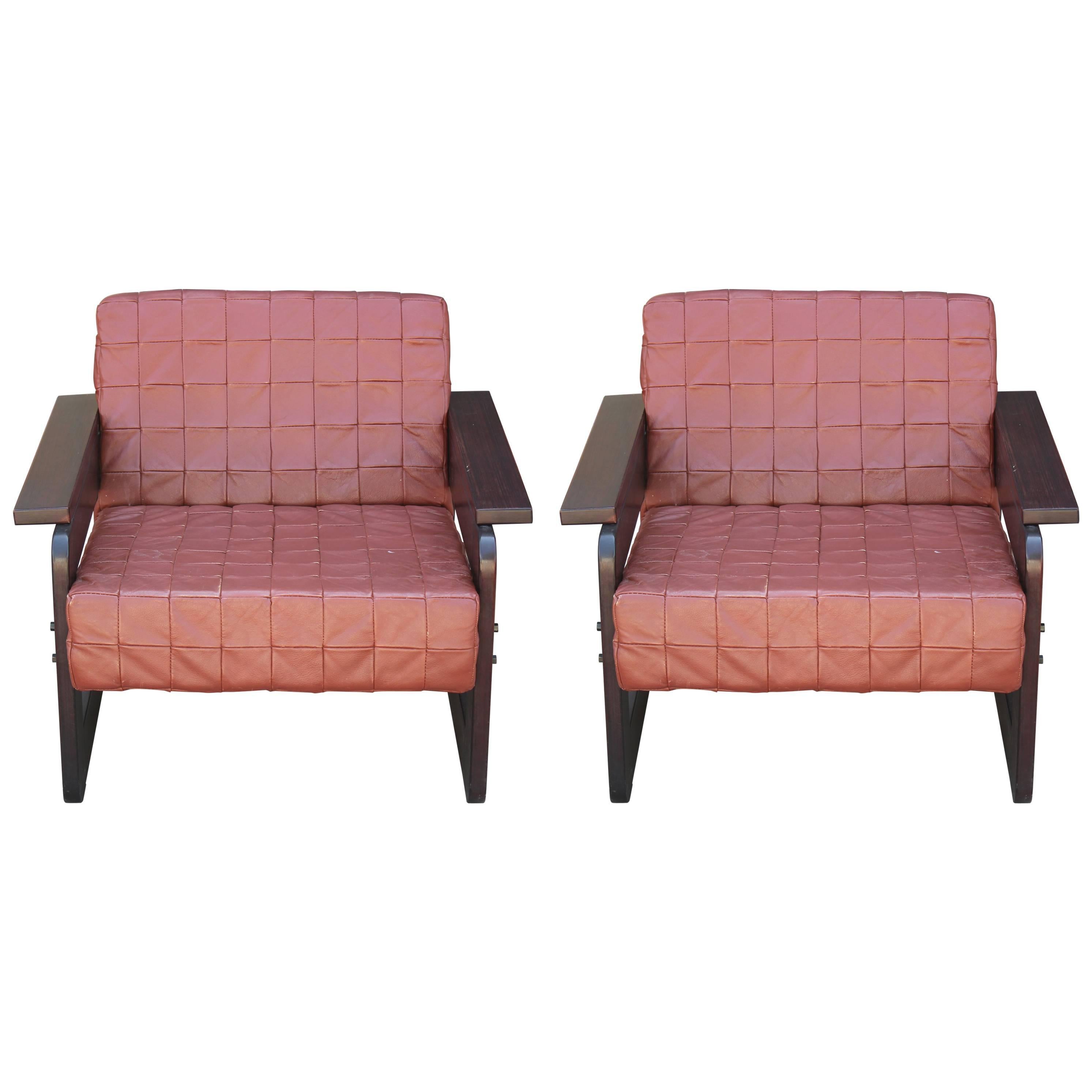 Pair of Modern Percival Lafer Rosewood and Light Brown Leather Lounge Chairs