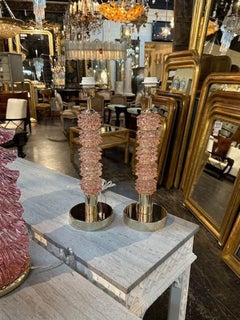 Pair of Modern Pink Glass and Brass "Rosti" Lamps
