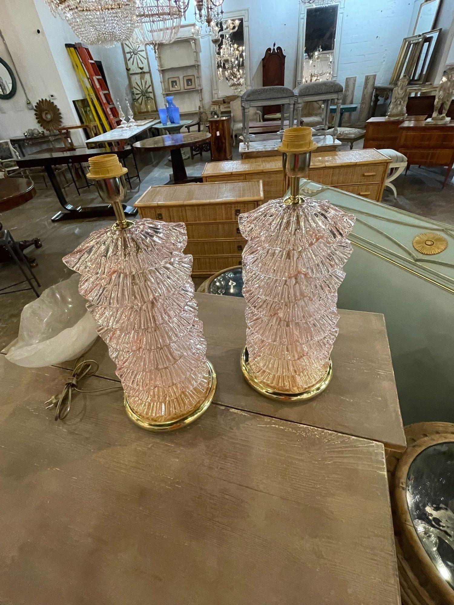 Pair of Modern Pink Murano Glass and Brass Lamps In Good Condition In Dallas, TX