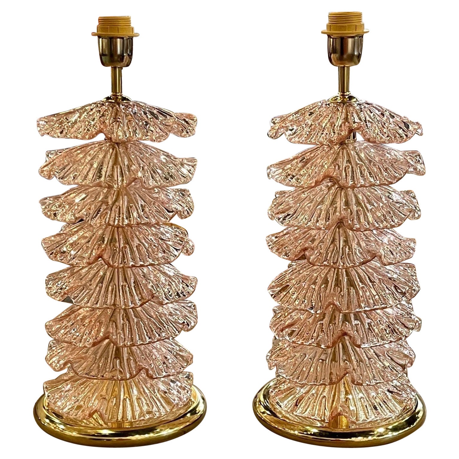 Pair of Modern Pink Murano Glass and Brass Lamps