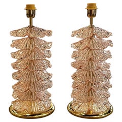 Pair of Modern Pink Murano Glass and Brass Lamps