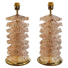 Pair of Modern Pink Murano Glass and Brass Lamps