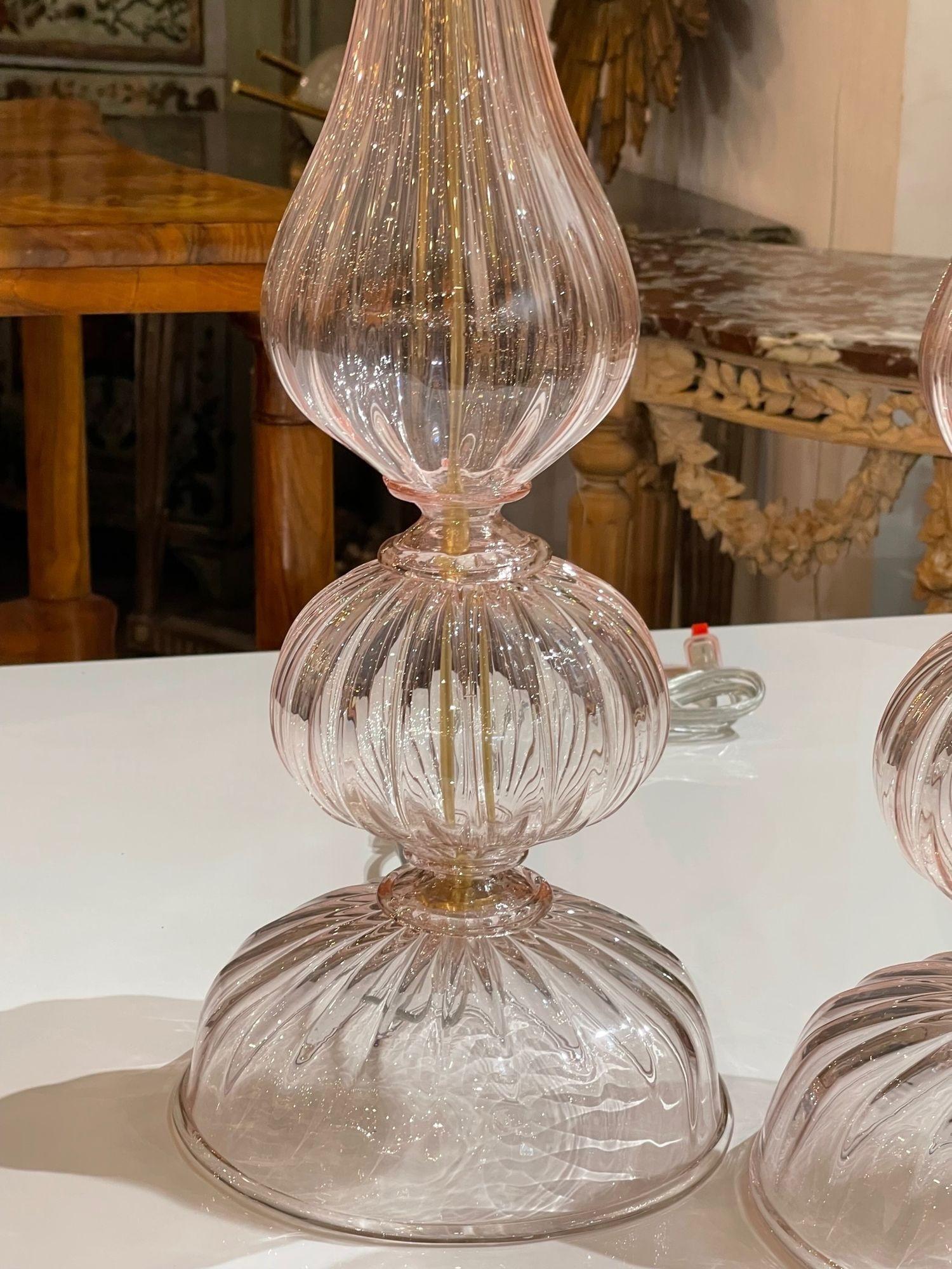 Pair of Modern Pink Murano Glass Lamps In Good Condition In Dallas, TX