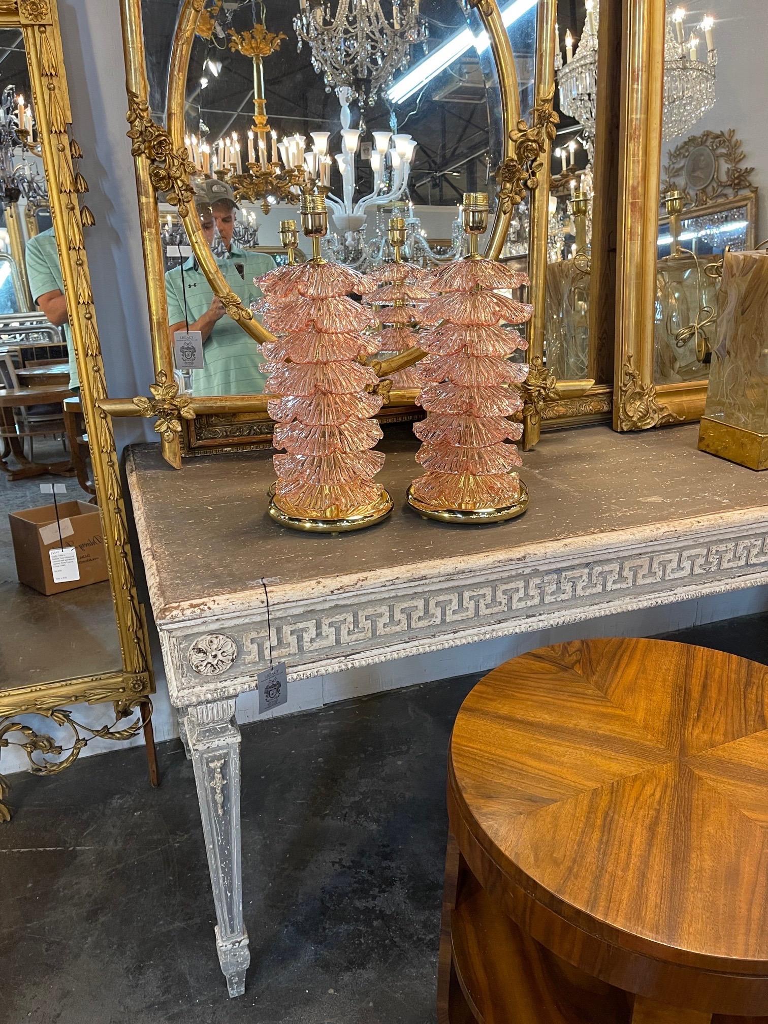 Fabulous pair of modern pink Murano glass layered ruffle lamps. Beautiful layers of textured glass in gorgeous pale pink. A very high end look!