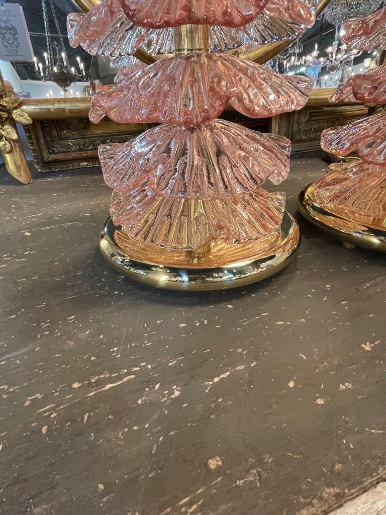 Brass Pair of Modern Pink Murano Glass Layered Ruffle Lamps For Sale