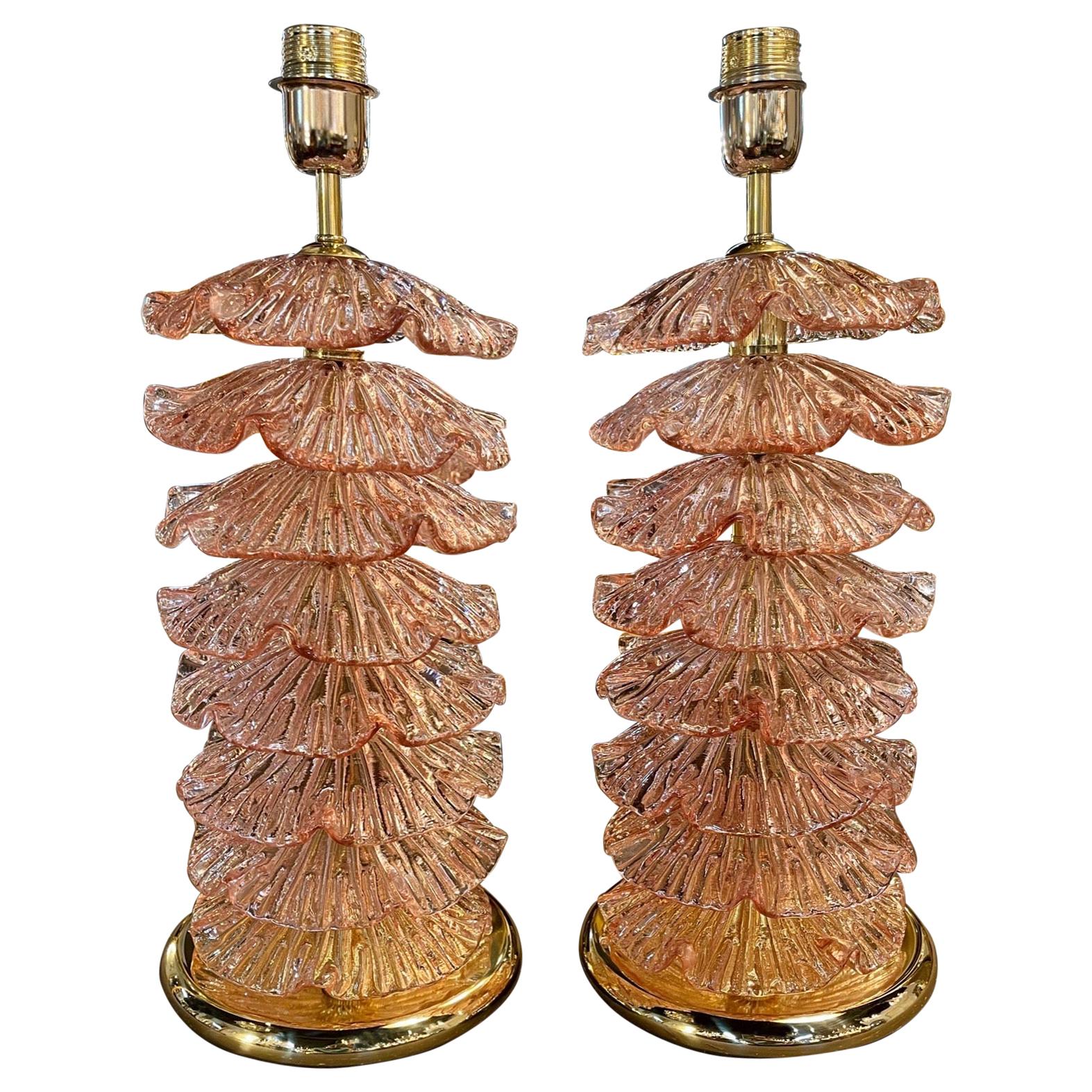 Pair of Modern Pink Murano Glass Layered Ruffle Lamps