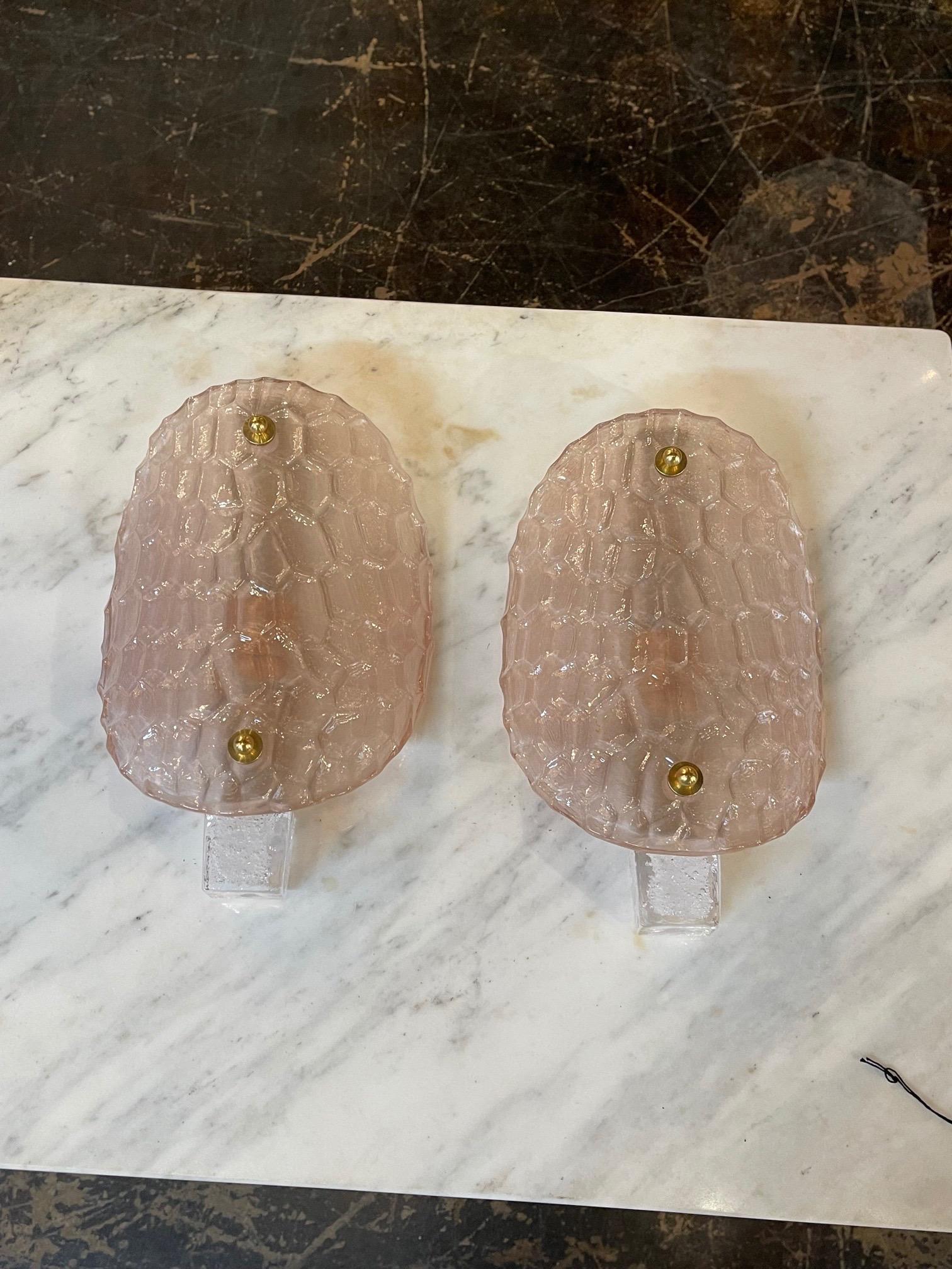 Pair of Modern Pink Murano Glass Wall Sconces In Good Condition For Sale In Dallas, TX