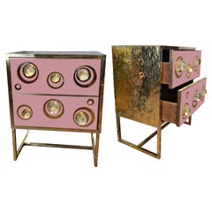 Pair of Modern Pink Nightstands with Murano Spheres and Brass Legs Available